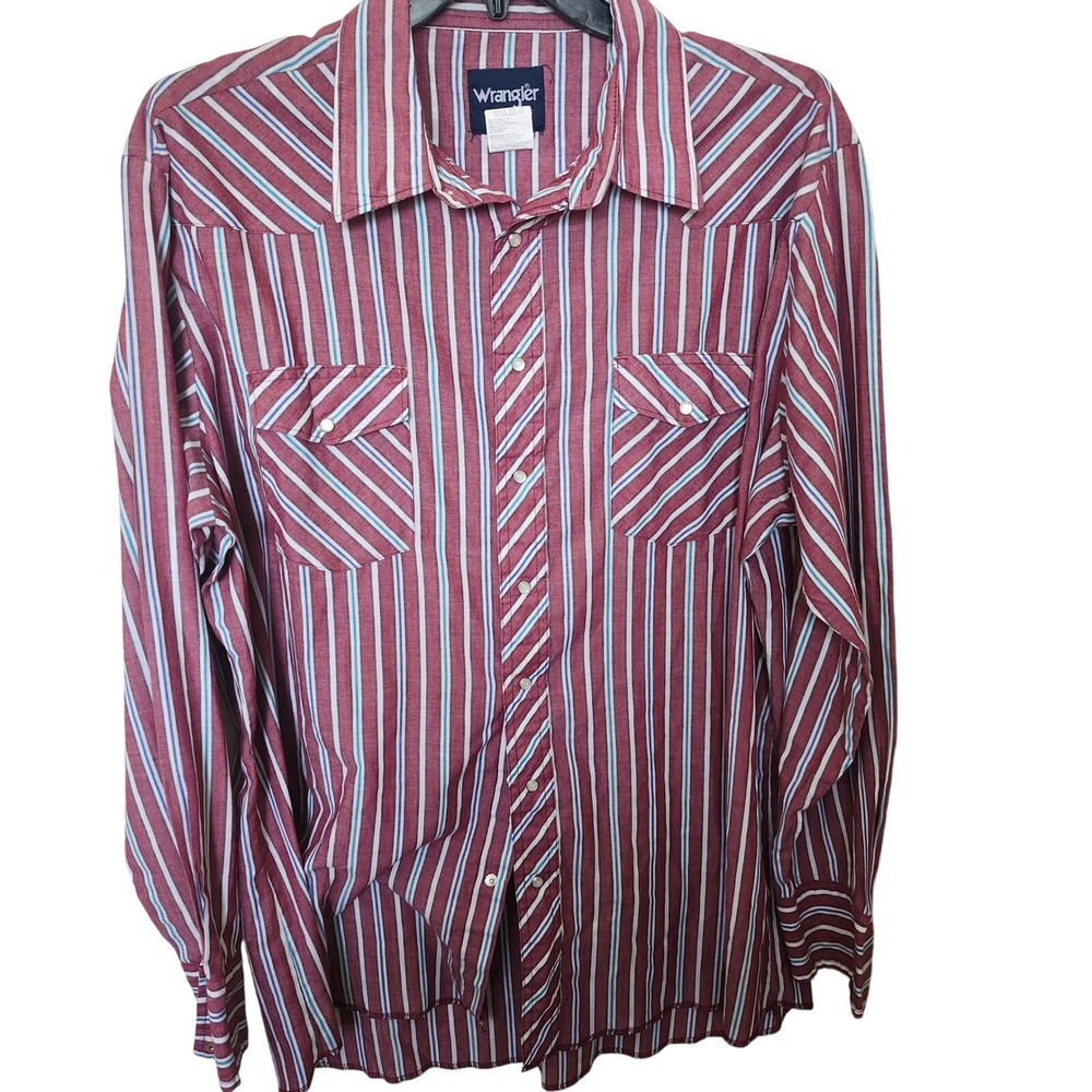 Wrangler Western Stripe Shirt 2XLT Maroon White Blue Pearl Snap Tall Long